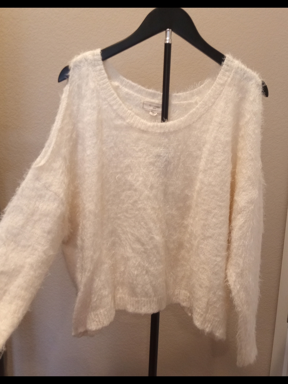 Fuzzy Open-Shoulder Crewneck Sweater White Women's Size XL